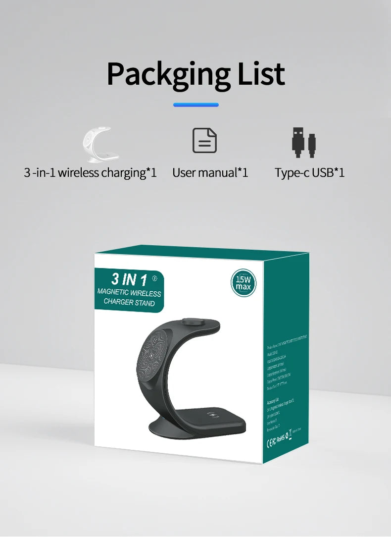 15W 3 in 1 Magnetic Wireless Charger For Apple - iPhone, Watch, and Airpods Pro Fast Charging Dock Station
