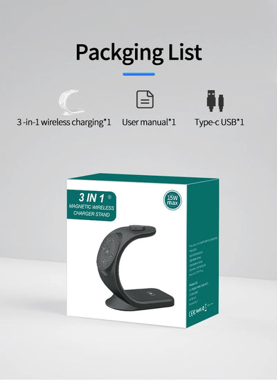 15W 3 in 1 Magnetic Wireless Charger For Apple - iPhone, Watch, and Airpods Pro Fast Charging Dock Station