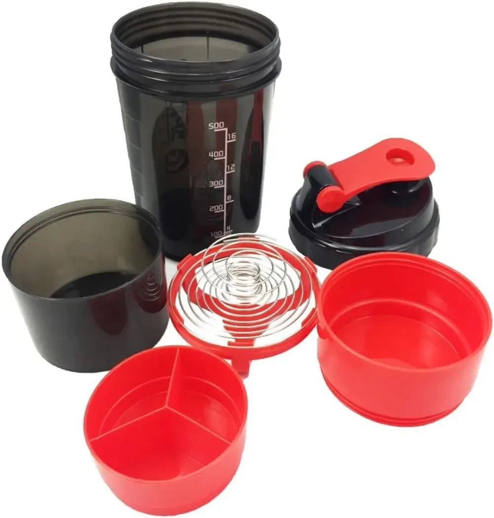 Shaker Protein Bottle w/ 3 Sections for Protein Powder, Supplement Storage