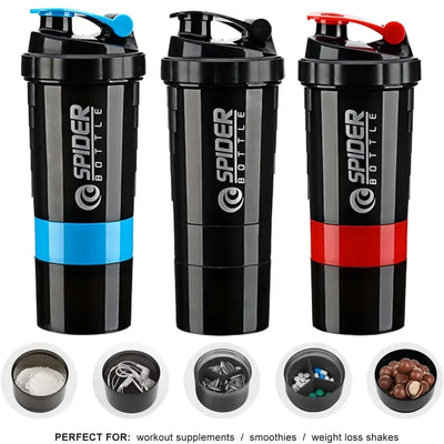 Shaker Protein Bottle w/ 3 Sections for Protein Powder, Supplement Storage