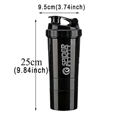 Shaker Protein Bottle w/ 3 Sections for Protein Powder, Supplement Storage